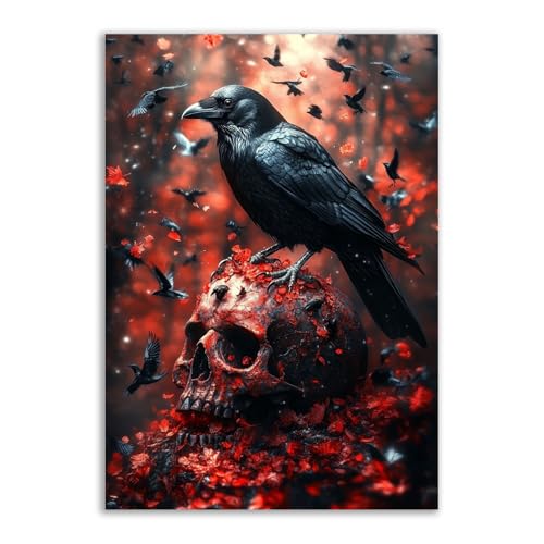 Affiche corbeau squelette forêt peinture decorative sur toile decoration murale noire 70x100