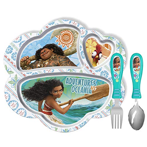 Zak Designs Moana 3 Section Divided Plated + Utensil Set for Toddlers, Moana 3pc