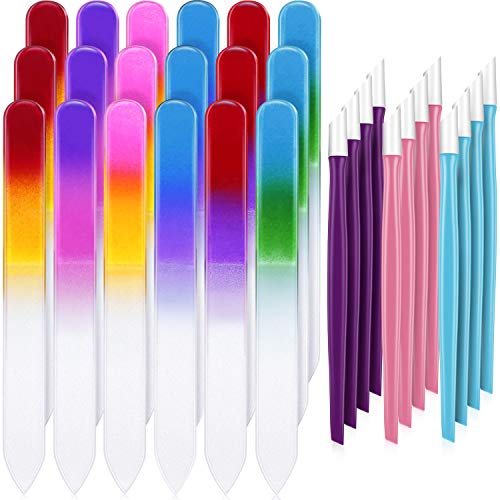 30 Pieces Glass Nail Files and Cuticle Pusher Rubber Tipped Fingernail File Nail Care Manicure Tools, Gradient Rainbow Color Buffer Manicure Tool Set for Natural Nail (9 x 1 x 0.3 cm)