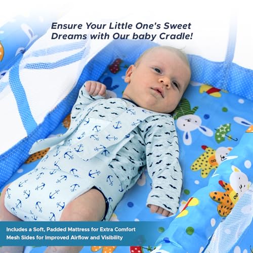 Image of BUBBLEBABY Baby Cradle | Jhula | Baggi | Palna | Ghodiyu | Ventilated | with Swing & Mosquito Net | 0-12 Months | Four Wheels with Brake | Storage | Polypropylene | Safe & Sturdy | Foldable | Blue