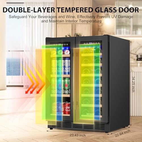 Image of 24 inch Dual Zone Wine & Beverage Refrigerator - Under Counter Cooler with Upgraded Cooling & Blue LED Light, Hold 20 Bottles and 88 Cans Large Capacity Wine Fridge, Built-In or Freestanding - Black