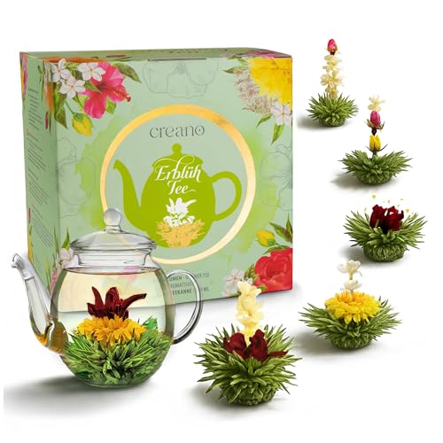 Creano Teeblumen Geschenkset - Flower Design - Erblühtee Frühjahrslese mit 500 ml Glaskanne und 6x grüner Tee - Geschenk zu Valentinstag Muttertag
