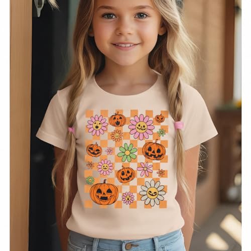 Girls Halloween Shirt Pumpkin Flower Face Checkered T-Shirt Kids Crewneck Short Sleeve Spooky Season Gift Tee Tops2