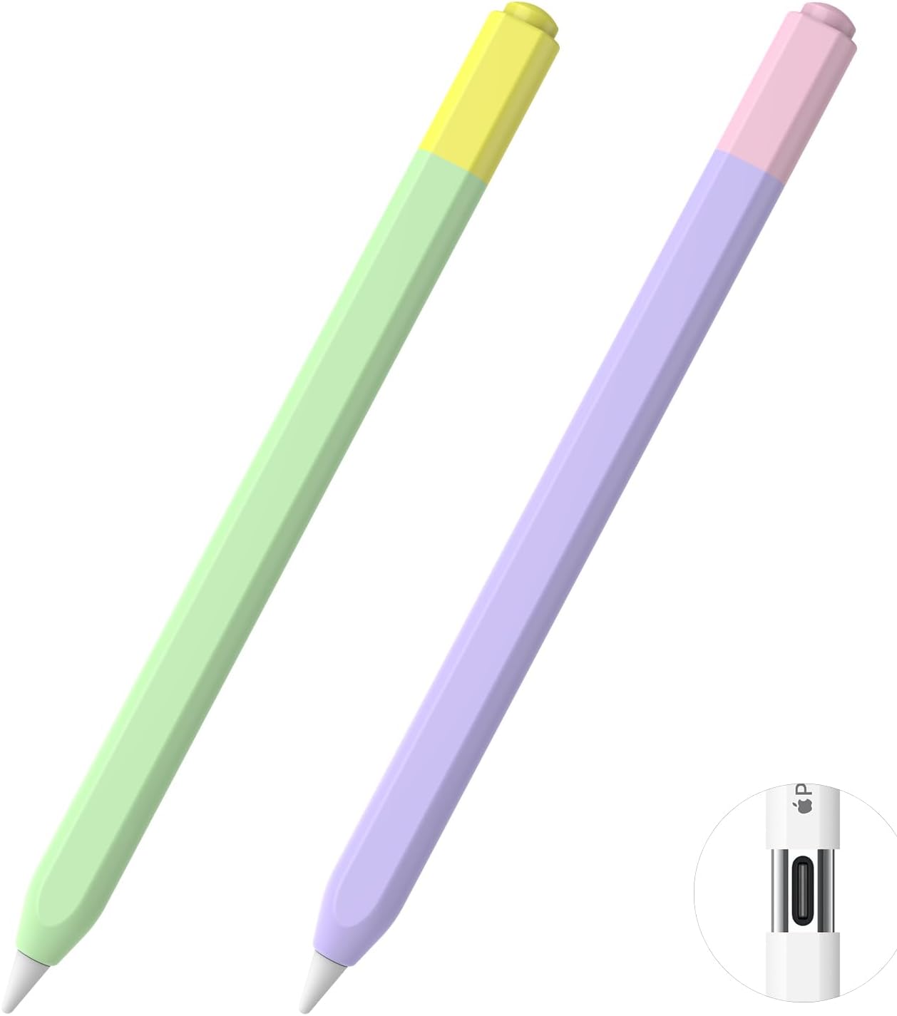 MoKo Pencil Case Compatible with Apple Pencil (USB-C), 2 Pack Silicone Apple Pencil USB C Sleeve Cover, Protective Skin Cover Holder Grip Sleeve, Support Magnetic Attachment, Green-Yellow+Purple-Pink