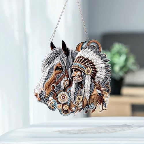Image of AiYuanzsh Oversized Diamond Art Suncatcher Hanging Kit Native American Horse Design, Special Shaped Diamond Painting Hanging Ornament for Adults DIY Wall Window Decoration