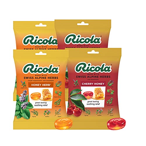 Ricola Honey Herbal Cough Suppressant Throat Drops Variety Pack, 2 Cherry Honey & 2 Honey Herb, 24ct (Pack of 4)