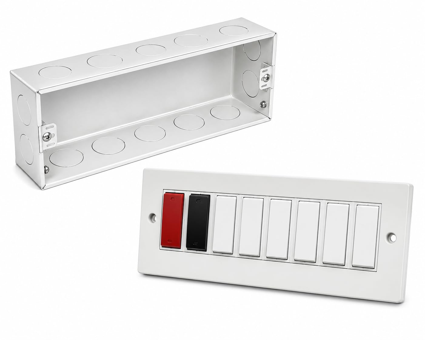 6 Module Eco Premium Mounting Metal Box, White | Includes Back Box, Red & Black Rockers, Multiple Knockouts, Flush Mount, Electrical Fitting-image-7