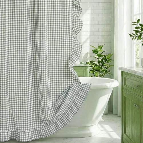 HunnmingRe Ruffled Gingham Shower Curtain 72 x 72 Inch Sage Green Cotton Vintage Farmhouse Rural Checkered Plaid Shower Curtain with 12 Hooks for Bathroom Bathtubs Decor