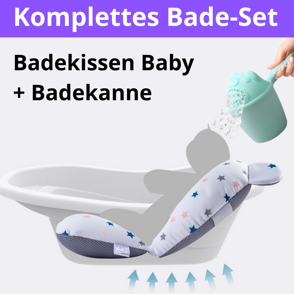Badekissen Baby + Badekanne, Universelle Badewannenkissen, babywanne einsatz, Rutschfest, Weiches, Gepolsterte, anpassbarer Halterung (Set mit Badekissen + inklusive Badekanne)