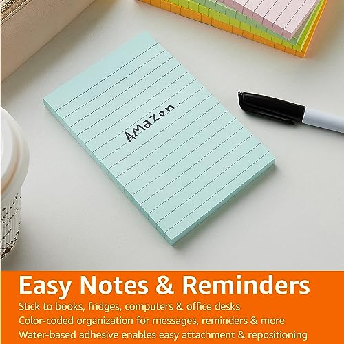 Image of Amazon Basics Lined Sticky Notes, 4x6 inch Self-Stick Pads with Clean Removal Adhesive for To Do List, Home, Office, Notebook, Assorted Colors, 100 Sheets /Pad, Pack of 5