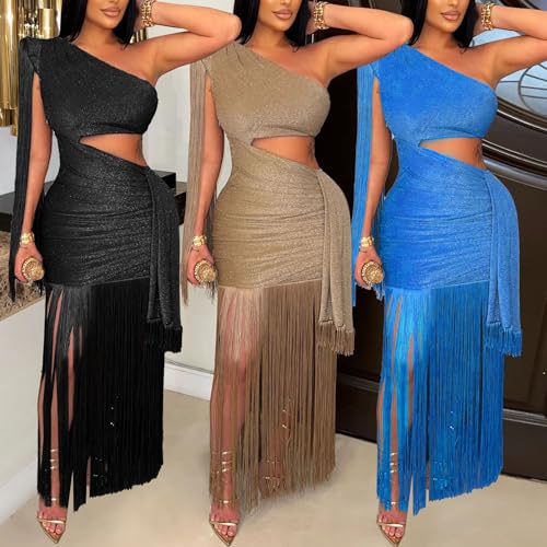 Image of Women's Sexy One Shoulder Fringe Dress Sleeveless Cut Out Bodycon Birthday Party Tassel Maxi Dresses