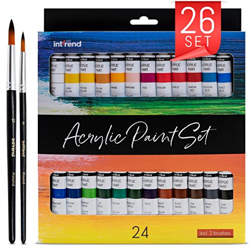 int!rend Acrylic Paint Set | 24 Tubes avec peintures Acrylique imperméables de 12 ML + 2 pinceaux | Peinture Acrylique pour Papier, Bois, Toile, Argile, Pierres, plâtre et Artisanat