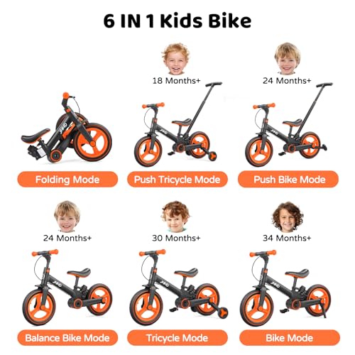 Image of JMMD 6 in 1 Toddler Bike with Push Handle for Kids 18-60 Months, 12 inch Foldable Balance Bike with Training Wheels, Pedals, Brakes, Kickstand, Push Tricycle Toddler Gift & Toys for Boy & Girl