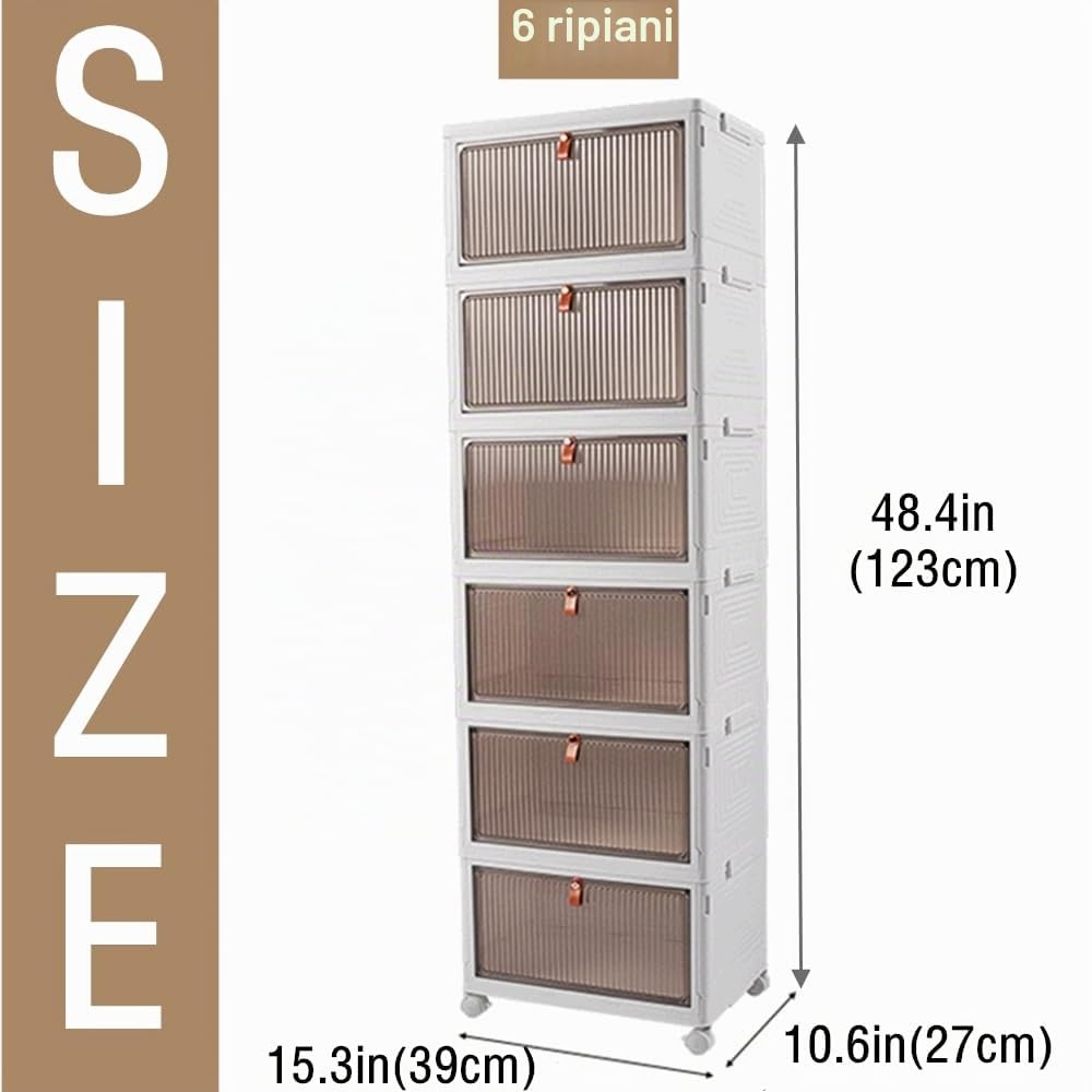 Contenitori pieghevoli con coperchio, ruote e porta magnetica, organizer pieghevole impilabile in ABS per cucina, guardaroba, soggiorno, ufficio (6 ripiani)