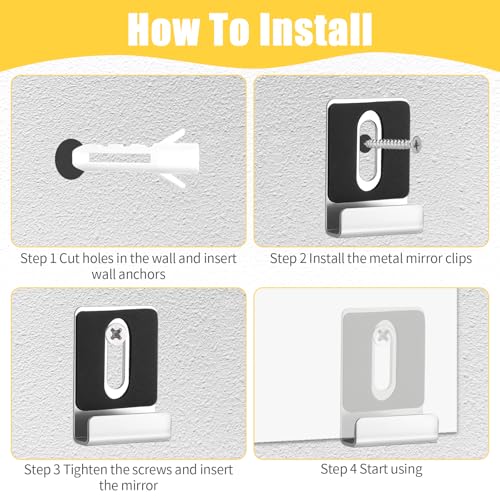 Image of 12 Pcs Metal Mirror Holder Clips Hanger Kit, Mirror Clips for Wall Mounting Holder Hanging with Screws Hooks, Frameless Mounting Hardware Heavy Duty Retainer for Tile Billboard Display(Silver)
