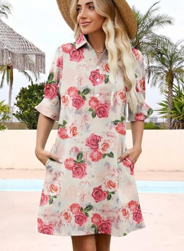 Image of Womens Summer Shirt Mini Dresses 2026 Beach | Flowy Shift Dress, Button V Neck, Polo Collar, Ruffle Short Sleeve, Floral Boho Style, Casual Vacation Outfits with Pockets