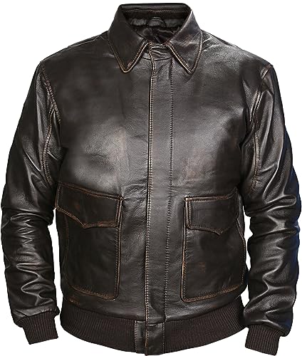 Image of Men's Brown Distressed Brown Leather Aviator Bomber Jacket - X-Large