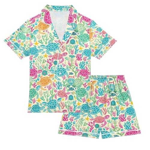 senya Seaweed Turtles Colorful Satin Summer Pajama Sets Silk Short Sleeve Button Down Sleepwear