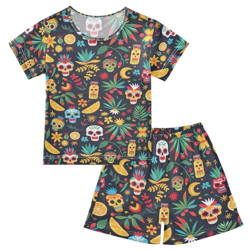 ALAZA Mexican Day Of The Dead Sugar Skull Lemon Pajamas Set Short Sleeve Cotton Sleepwear Summer Pjs 2 Piece 5-14Y