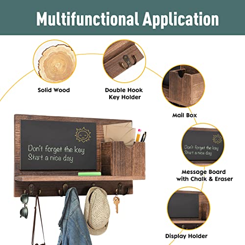 Nukied Key Holder For Wall Decorative, Mail Organizer Wall Mount With 4 Double Key Hooks And Message Board, Rustic Wooden Key And Mail Holder For Wall, Home Decor For Entryway, Hallway, Brown #TOP1