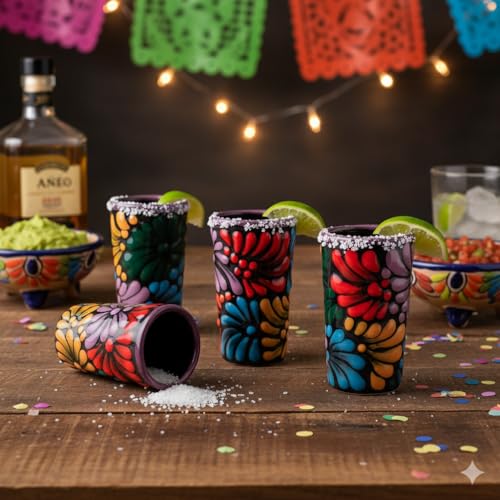 Image of Talavera Shot Glasses Set of 4 Authentic Mexican Tequila Shot Glasses - Hand-painted - 2 Oz (Black Floral)