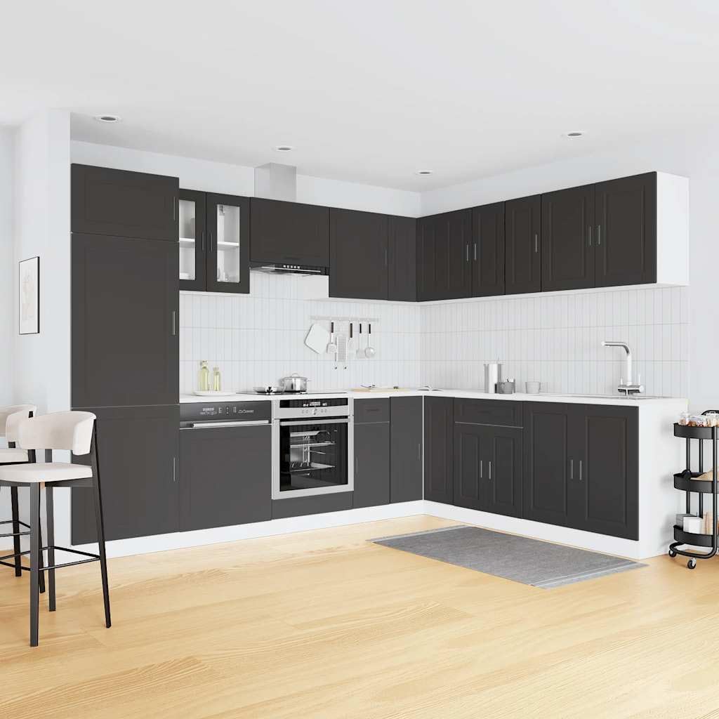 Set di 14 mobili da cucina Porto nero, materiale in legno, vetro, versatile, piedini regolabili, design moderno per sala da pranzo e cucina