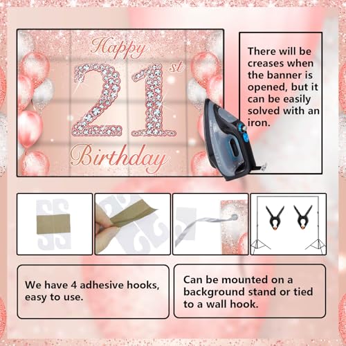 Image of Happy 21st Birthday Rose Gold Banner Cheers to 21 Years Old Backdrop Confetti Balloons Theme Decor for Women 21 Years Old Pink Birthday Party Decorations Bday Supplies Background Favors Gift Glitter
