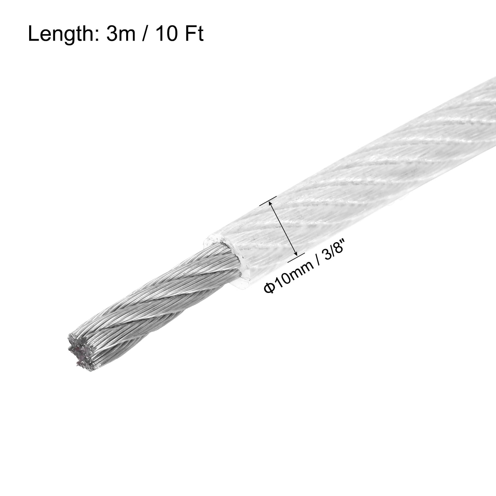 MECCANIXITY 10mm (3/8 inch) Clear Vinyl Coated Wire Rope, 3meter /10ft Galvanized Steel Cable Wire Rope with 2PCS M10 Loop Sleeves for String Light Hanging, Deck Railing, Garden Wire
