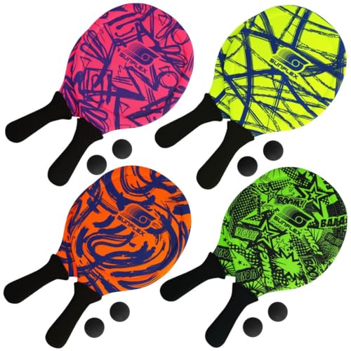 Sunflex® Jerseyprene Beachball Set Funky Strokes mit Zwei Schlägern und Zwei Bällen | weich und leicht | extrem robust und wasserfest | Schlägerspiel für Strand und Wiese