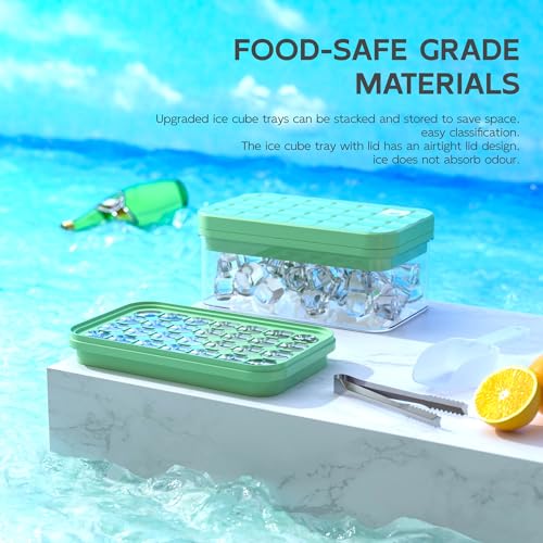 Stampo Ghiaccio con Coperchio e Contenitore, Vassoio per Cubetti di Ghiaccio Senza BPA a Doppio Strato con Pala, Silicone Facile Rilasciare 56 Pezzi Cubetti di Ghiaccio per Bevande (Verde) - immagine 5