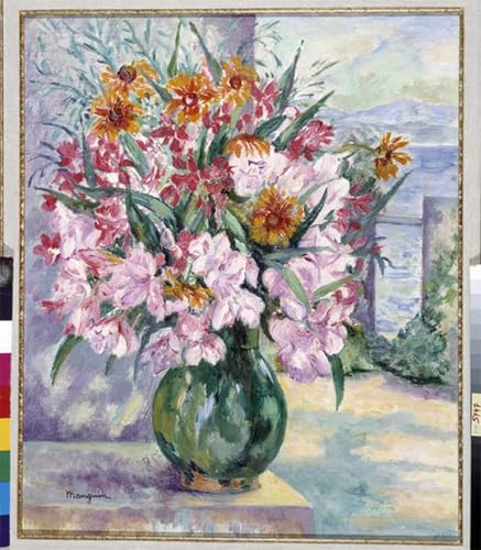 Imprimé sur toile salon et bureau Henri Charles Manguin vase de fleurs sur terrasse
