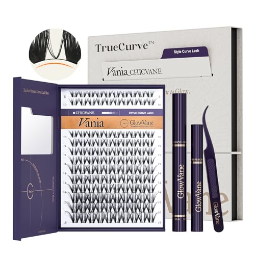 GlowVane TrueCurve Lash Clusters Kit Cluster Eyelash Extensions Kit C Curl 0.03mm Wispy Eyelash Clusters Kit with Ultra-Thin Band Mix 818mm DIY Individual Lash Extension Kit (Vania Kit)