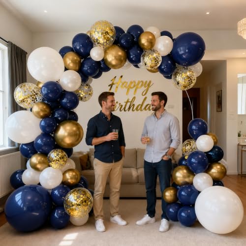 Image of Navy Blue Gold White Balloon Arch Kit 129 Pcs Double Stuffed