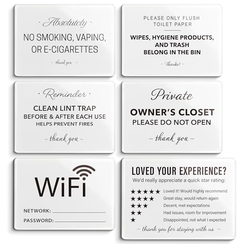 Vacation Rental & BnB Host Starter Kit - 6 Pack (5"x3") - Short Term Home Guest Essentials - WiFi Password, No Smoking, Owner's Closet & Review Signs - Modern Minimalist Black & White Decor