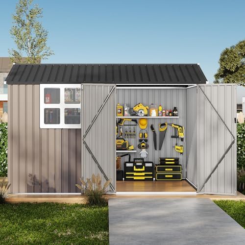 10x8FT Metal Storage Shed with Sloped Roof, Lockable Doors, Solar Light, Windows, and Vents, Outdoor Storage Sheds for Garden, Backyard, Patio Tools and Equipment — view 6