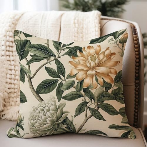 WoGuangis White and Green Flower Waterproof Throw Pillow Cushion Chinoiserie Floral Green Leaf Outdoor Sofa Pillow Cover Oriental Chinoiserie Canvas Accent Pillow for Patio Garden Lawn 26x26in