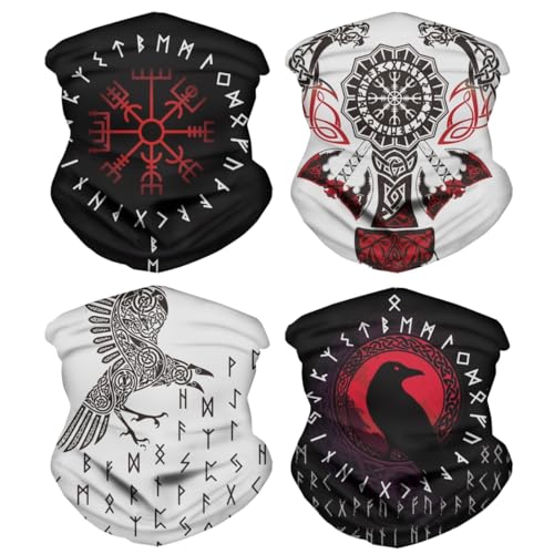 GLUDEAR Wolf 3D Print Balaclava Neck Gaiter Tube Face Bandana Scarf for Dust Wind Sun Protection,4pcs Viking Dragon Raven