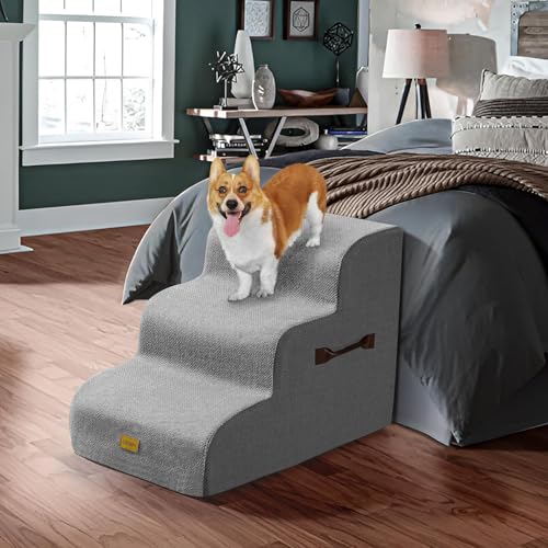 Gimars Hundetreppe mit 30D Hochdichtem Schaum & Extra-Breiten Stabilen 3 Stufen 40 cm hoch, Abnehmbarem Waschbarer Bezug, Rutschfestem Boden, Tragbare Rampe für Kleine Hunde zu Sofa, Bett, Auto