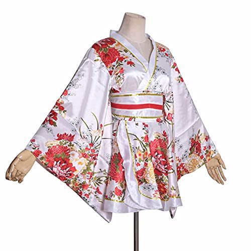 Image of HUAHUA Women's Sexy Short Kimono Dress Floral Print Japanese Traditional Geisha Robe Bathrobe Skirt Belt Outfit