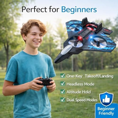 Image of Mini RC Fighter Jet Drone for Kids & Adults, 2.4GHz Remote Control Airplane with Altitude Hold, One-Key Takeoff /Landing, 360 Flip, LED Lights, USB Rechargeable, Indoor & Outdoor Flying Toy