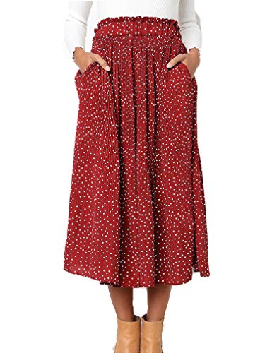 Women's Polka Dot Midi Skirts Casual High Waist Pleated Midi Chiffon Skirts Pockets Red,L