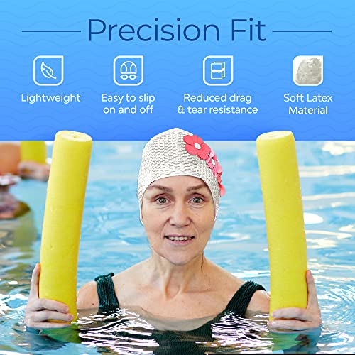 Beemo Latex Swimming Cap For Women, Swim Cap For Long Hair Or Short Hair, Bath & Swim Caps To Shield Hair From Damage, Use As Large Shower Cap, White Swimming Cap With Pink Flowers #TOP3