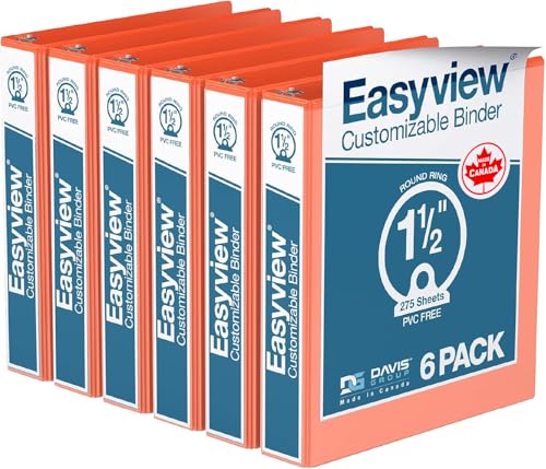 Image of Easyview 3-Ring Binder, Clear-View Cover, 1.5 inch Round Rings, Orange, 6 Pack