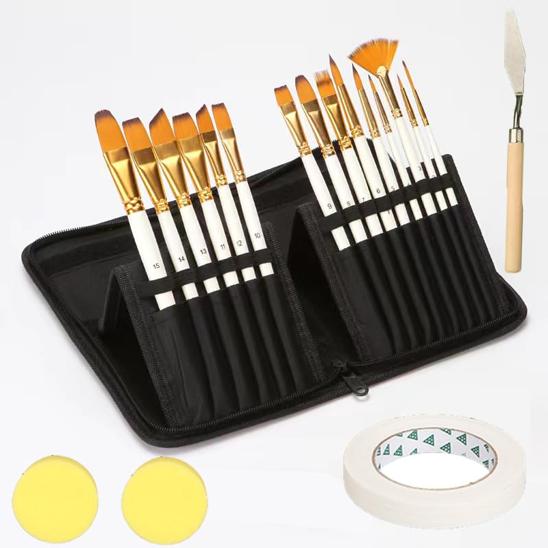 EKKONG Pinceau De Peinture 15 Pièces Kit De Pinceaux De Peinture Artiste Brosses De Peinture Comprend Couteau à Peindre Et Aquarelle éponge, Pour Acrylique, Aquarelle