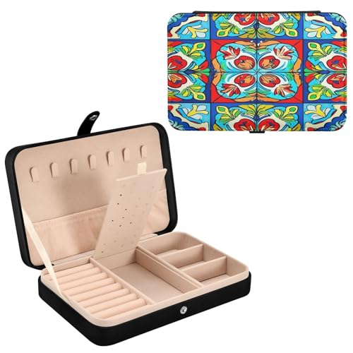 Haskirky Mexico Pattern Jewelry Box Portable PU Leather Travel Jewelry Organize for Women Jewelry Storage Display Holder for Ring, Necklace, Earring