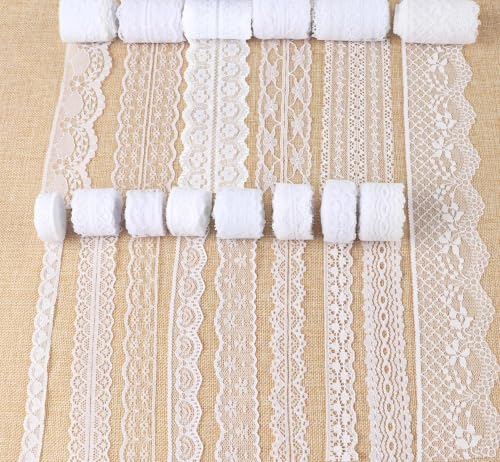 ABSOFINE Spitzenband 42M Weiss Beige Vintage Set Gesamt 14 Rolls Zum Nähen für Hochzeit Tischdeko Basteln Geschenkband