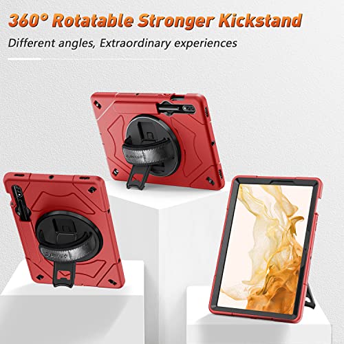 Supfives Case For Samsung Galaxy Tab S8 11 Inch 2022 : Tablet S7 2020 Cover Military Grade Heavy Duty Tpu Protector With S-Pen Holder + Handle + Shoulder Strap + Rotating Kickstand,Red #TOP1