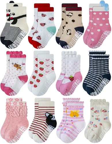 Image of RATIVE Non Skid Anti Slip Cotton Dress Crew Socks With Grips For Baby Infant Toddler Kids Girls