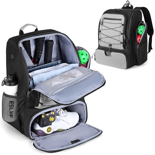 GOBUROS Saco de Pickleball para 4 palhetas com compartimento para sapatos, mochila de Pickleball com gancho para acessórios de Pickleball, bolsas de Pickleball para homens e mulheres (cinzento)
