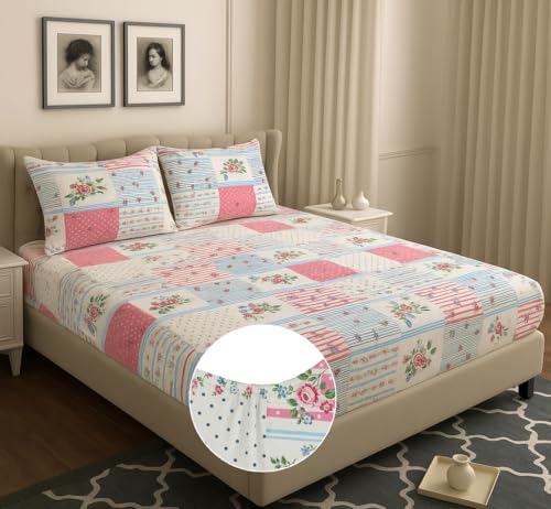 Image of HOMEKART 120 TC Cotton Rich Elastic Corner Fitted Bedsheet with 2 Pillow Covers | Double Bed 72x68+6 Inches | Wrinkle-Free, Super Soft & Breathable Floral Design | Pinkk & Green